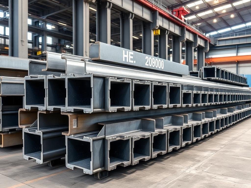 European Flange Beams (HE-Section) steel sections stacked in a stockyard