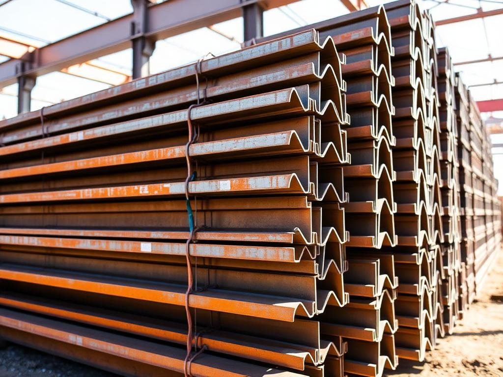 Universal Beams (UB) steel sections stacked in a stockyard