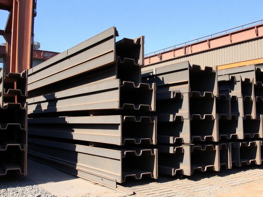 American Wide Flange Beams (W-Section) steel sections stacked in a stockyard