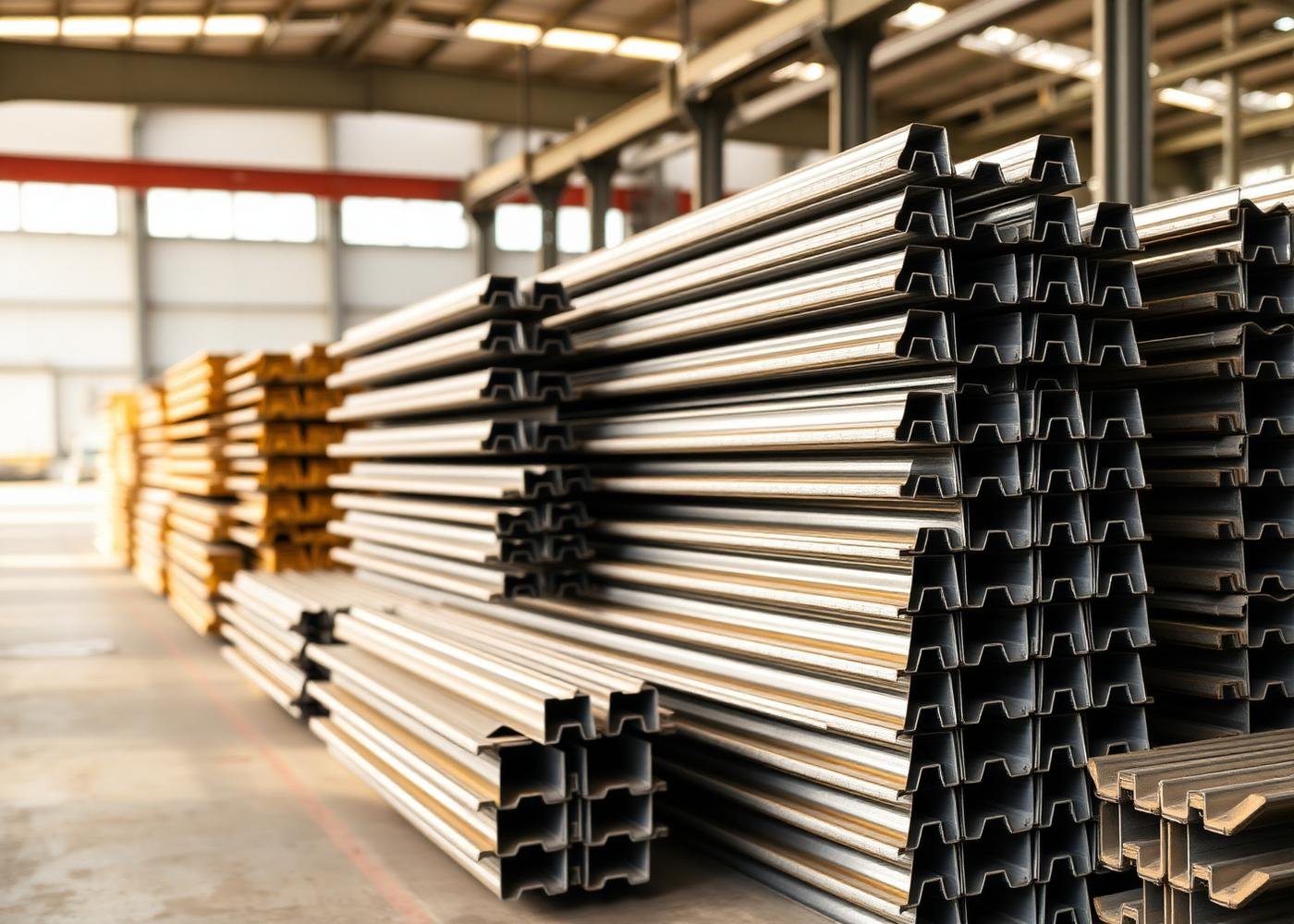 Stacks of steel channels in a bright warehouse