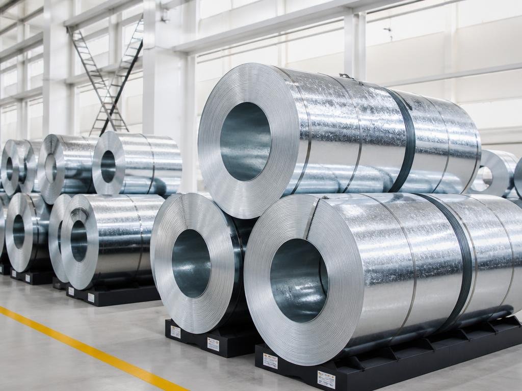 Galvanized steel coils stacked in a warehouse