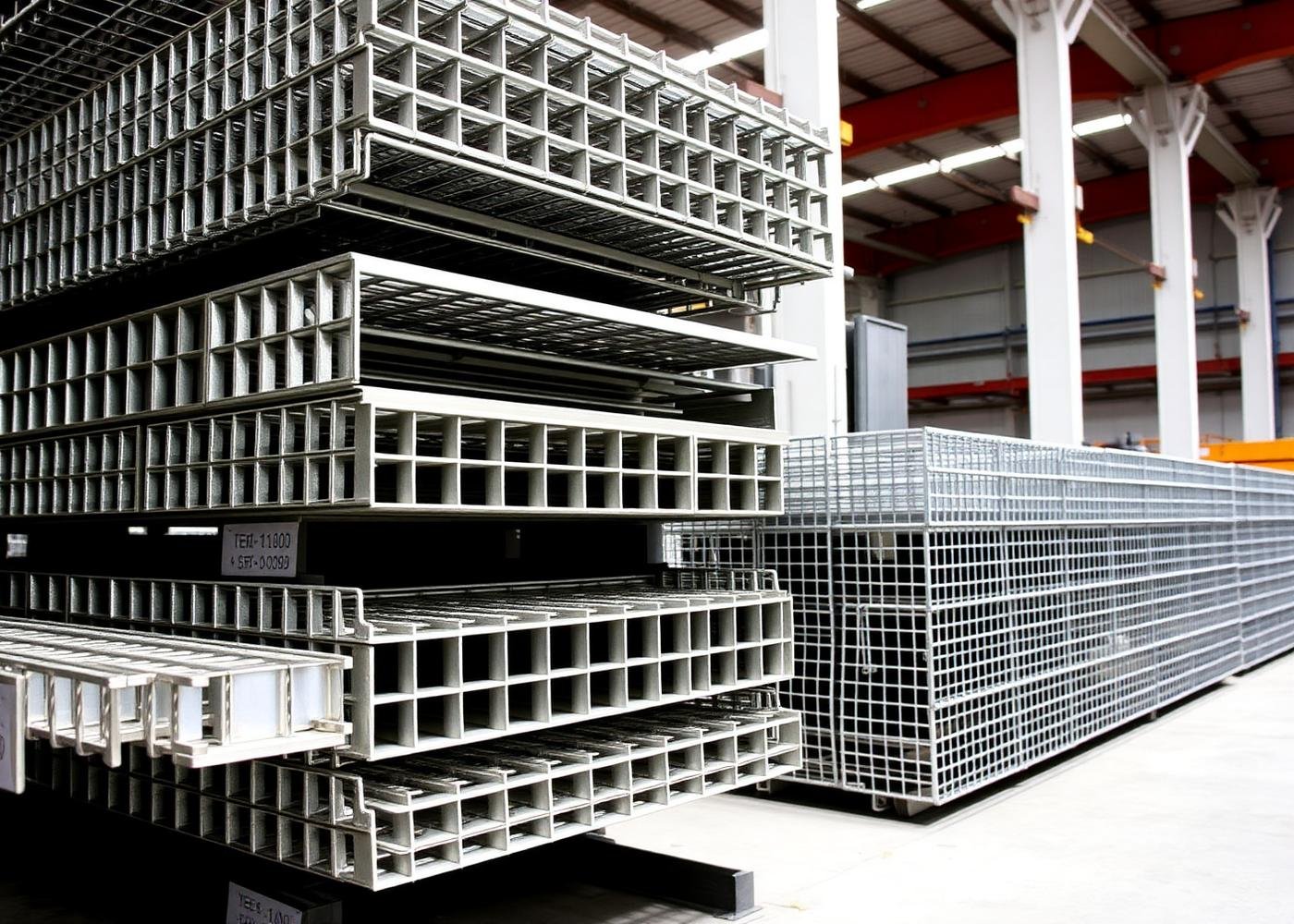 Galvanized steel bar gratings stacked in a warehouse