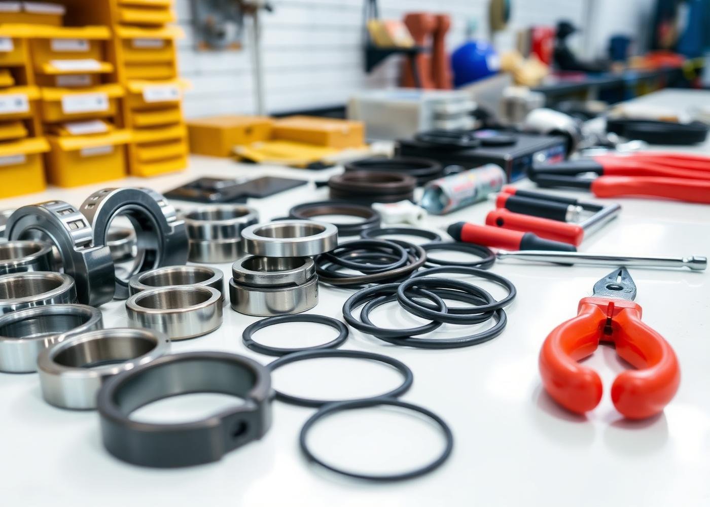 Bearings, gaskets and hand tools on a workbench