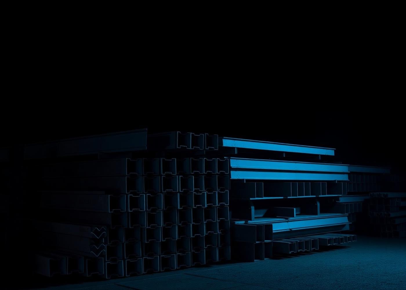 Structural steel sections stacked in a supply yard