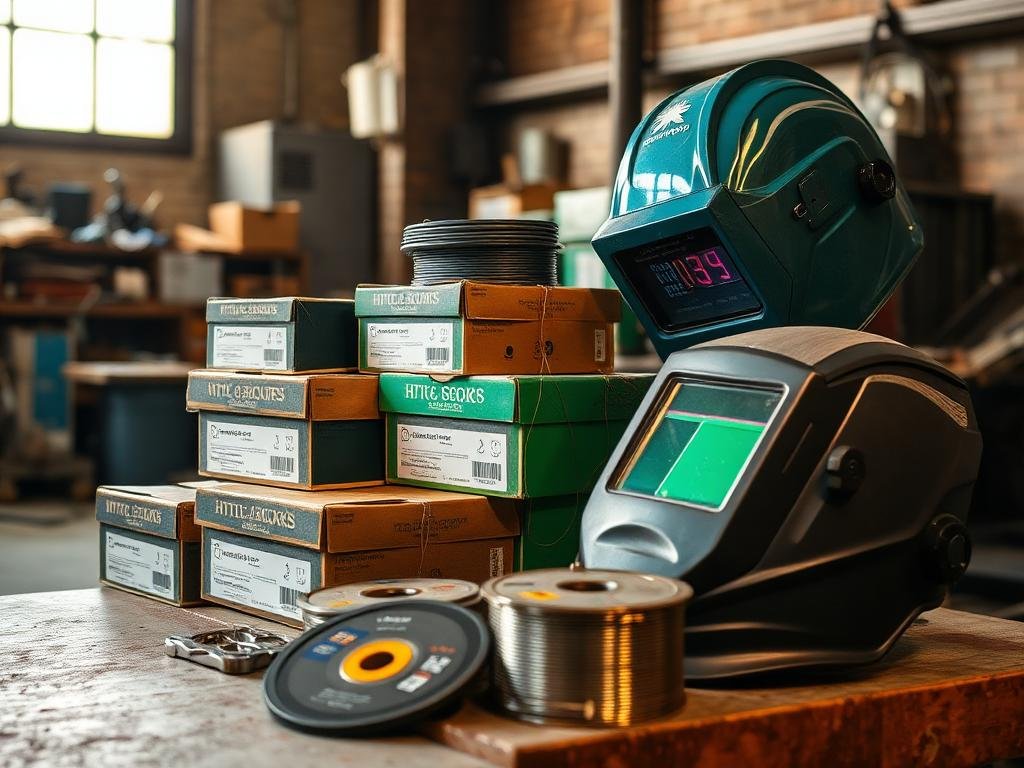 Welding electrodes, wire spools, cutting discs and helmets